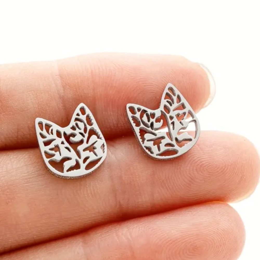 Ornate Cat Silver Toned Stud Earrings